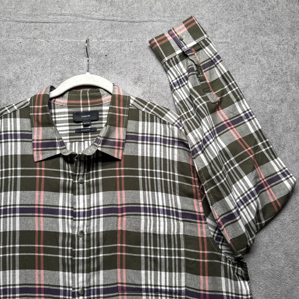 Vince Santa‎ Barbara Plaid Shirt Mens XXL Relaxed Fit Long Sleeve Olive Green